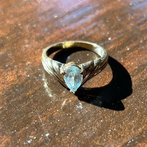 Designer JC Luxury Stamped Gold Aquamarine Teardrop Diamond Vintage Style Ring